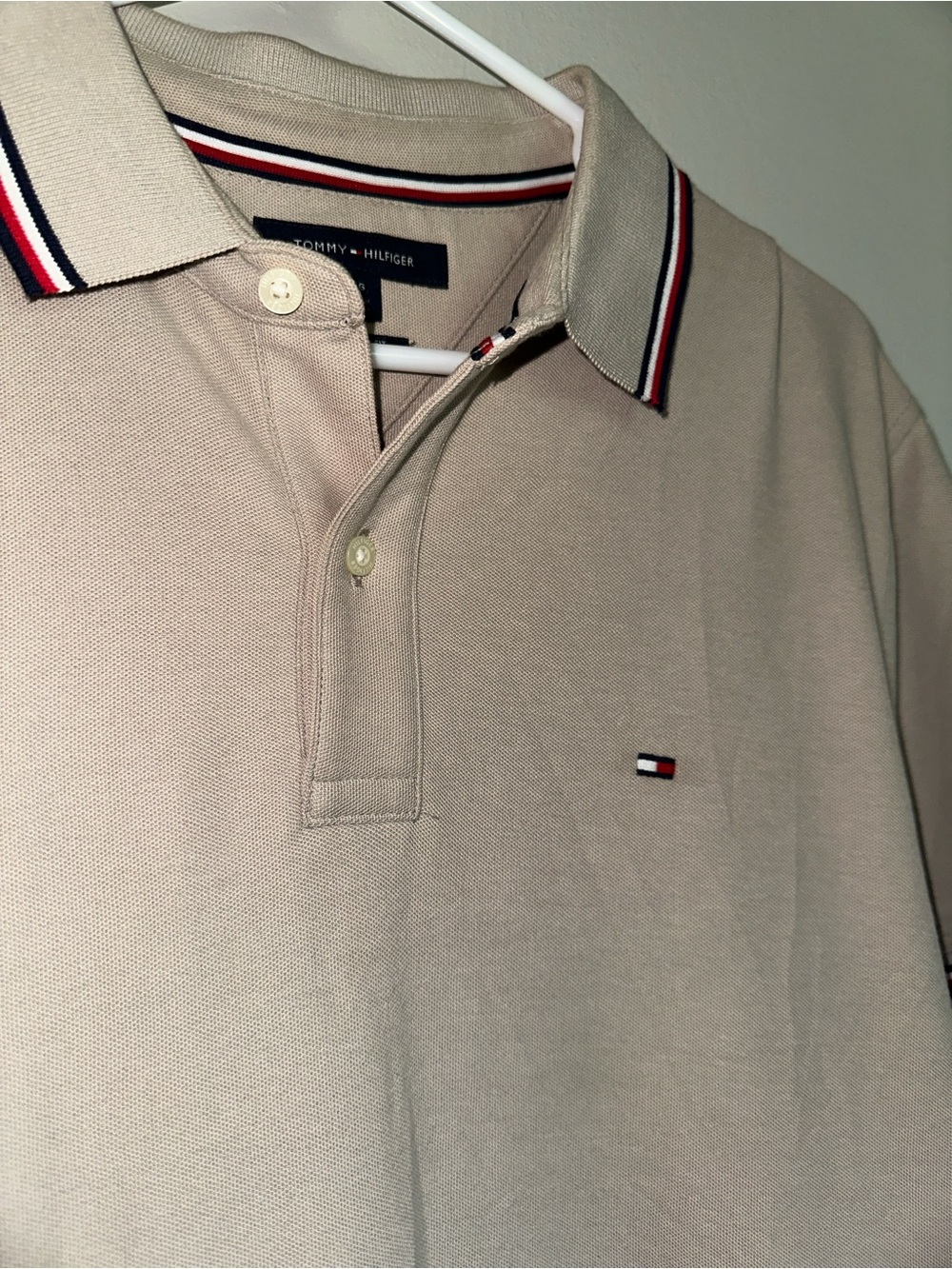 Tommy Hilfiger Beige Polo with Signature Stripe Collar